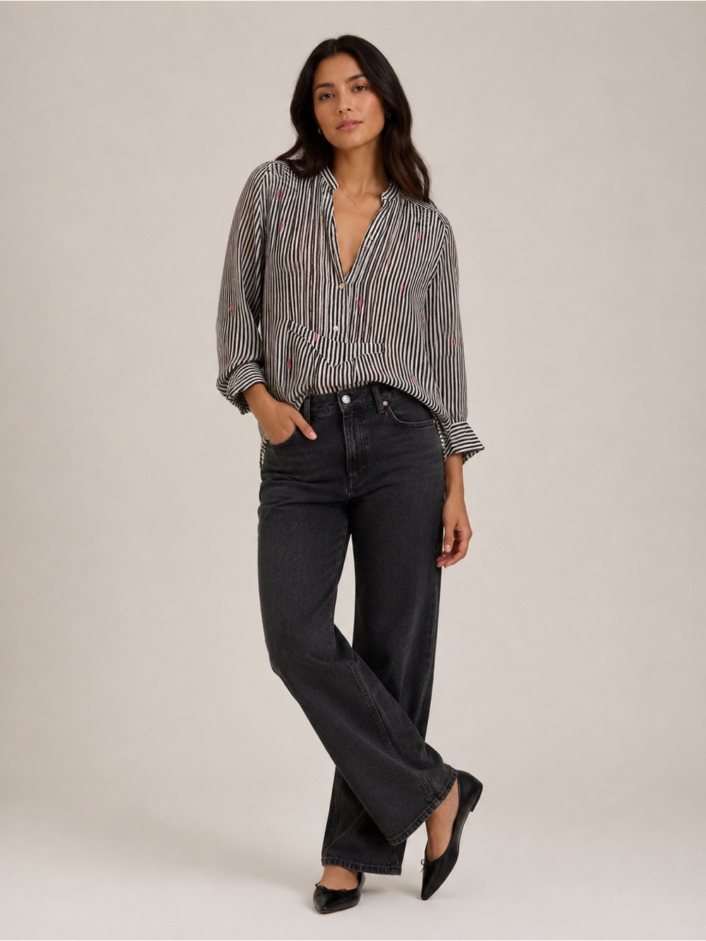 Isabel Marant Striped V-Neck Long Sleeve Blouse with Pink Accent